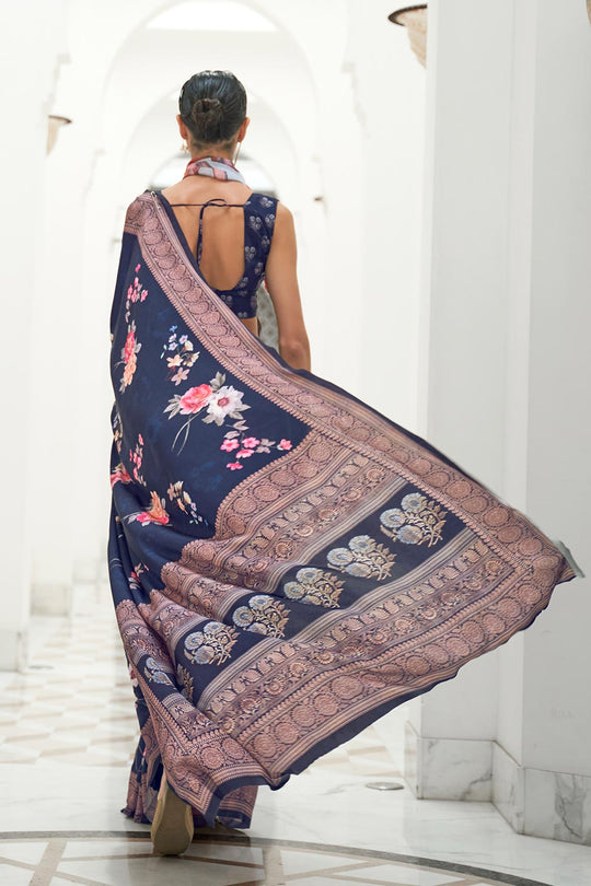 Kari Navy Blue Digital Printed Silk One Minute Saree