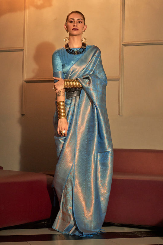 Dalia Blue Silk Woven Ready to Wear One Minute Saree