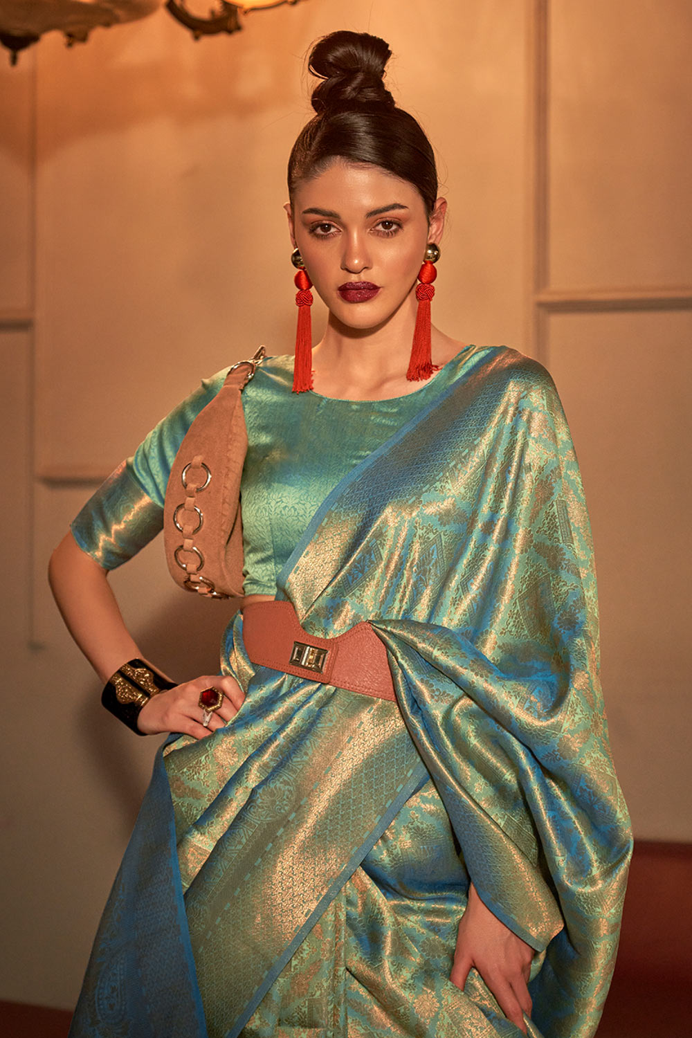 Dalia Green Silk Woven Ready to Wear One Minute Saree