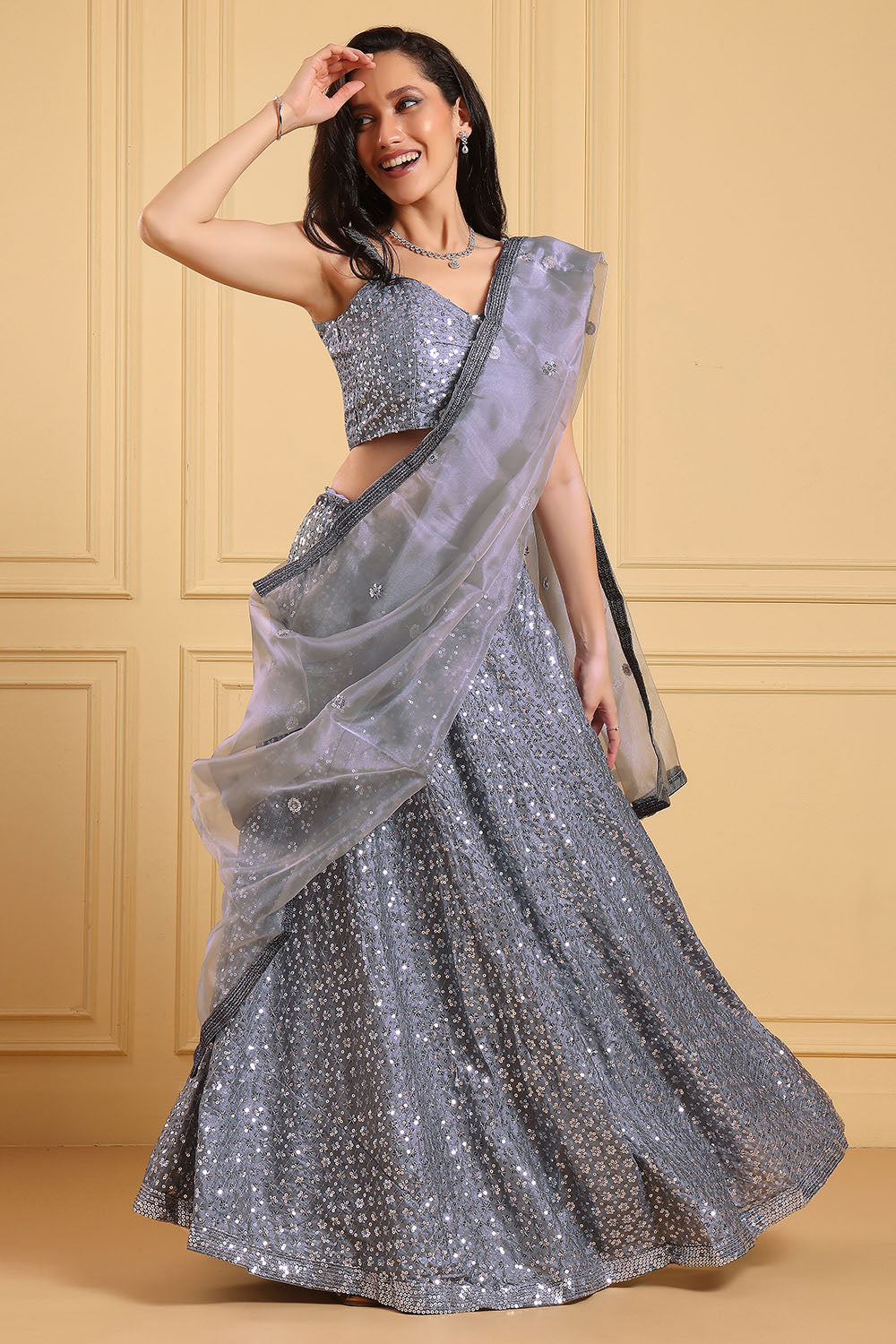 Tiana Grey Sequin Work Kasturi Crepe Silk Lehenga Saree