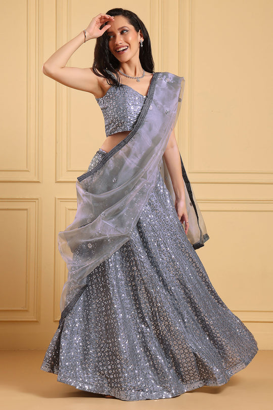 Tiana Grey Sequin Work Kasturi Crepe Silk Lehenga Saree