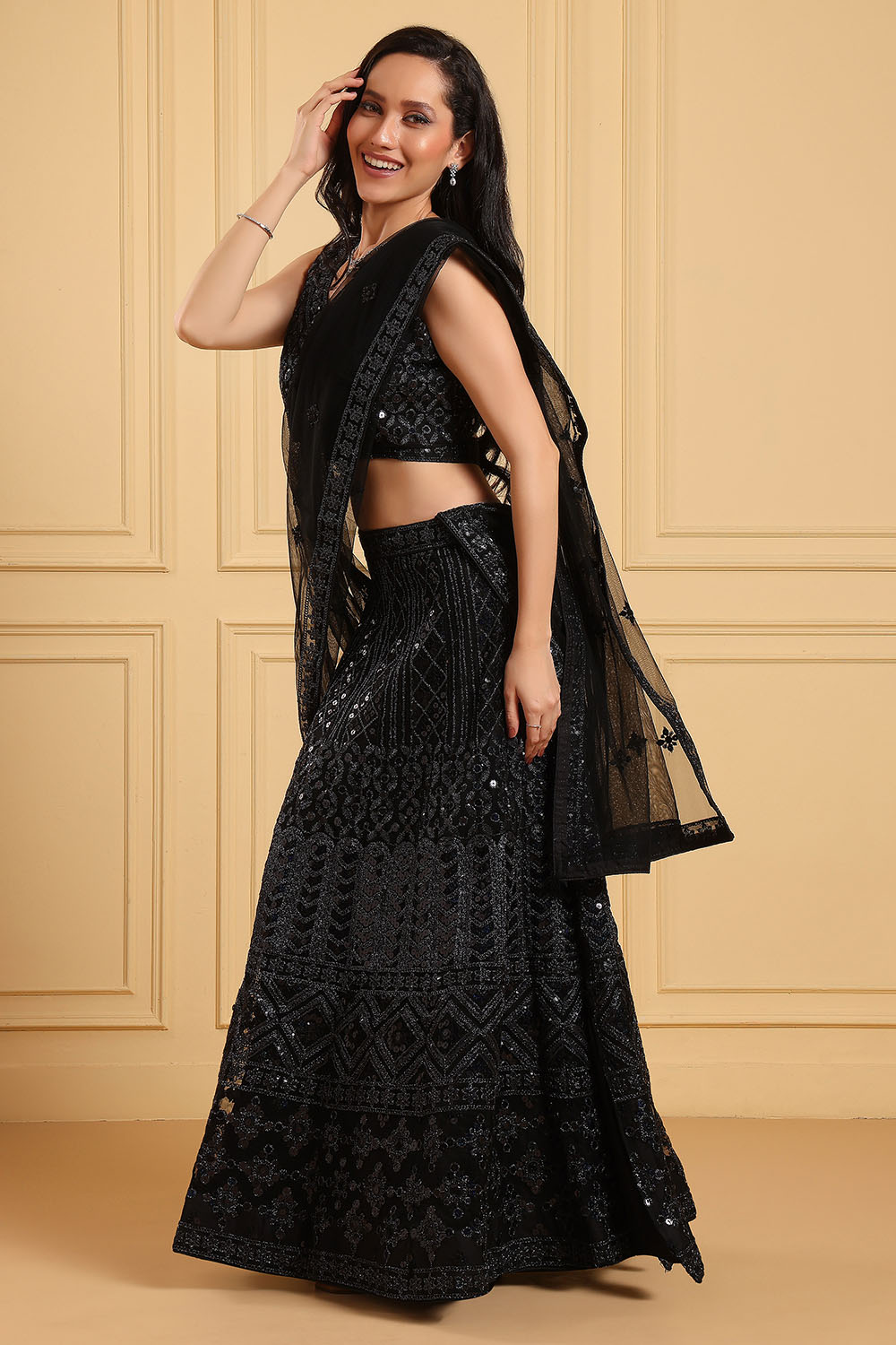 Sharone Elegant Black Net Sequin Work Lehenga Saree