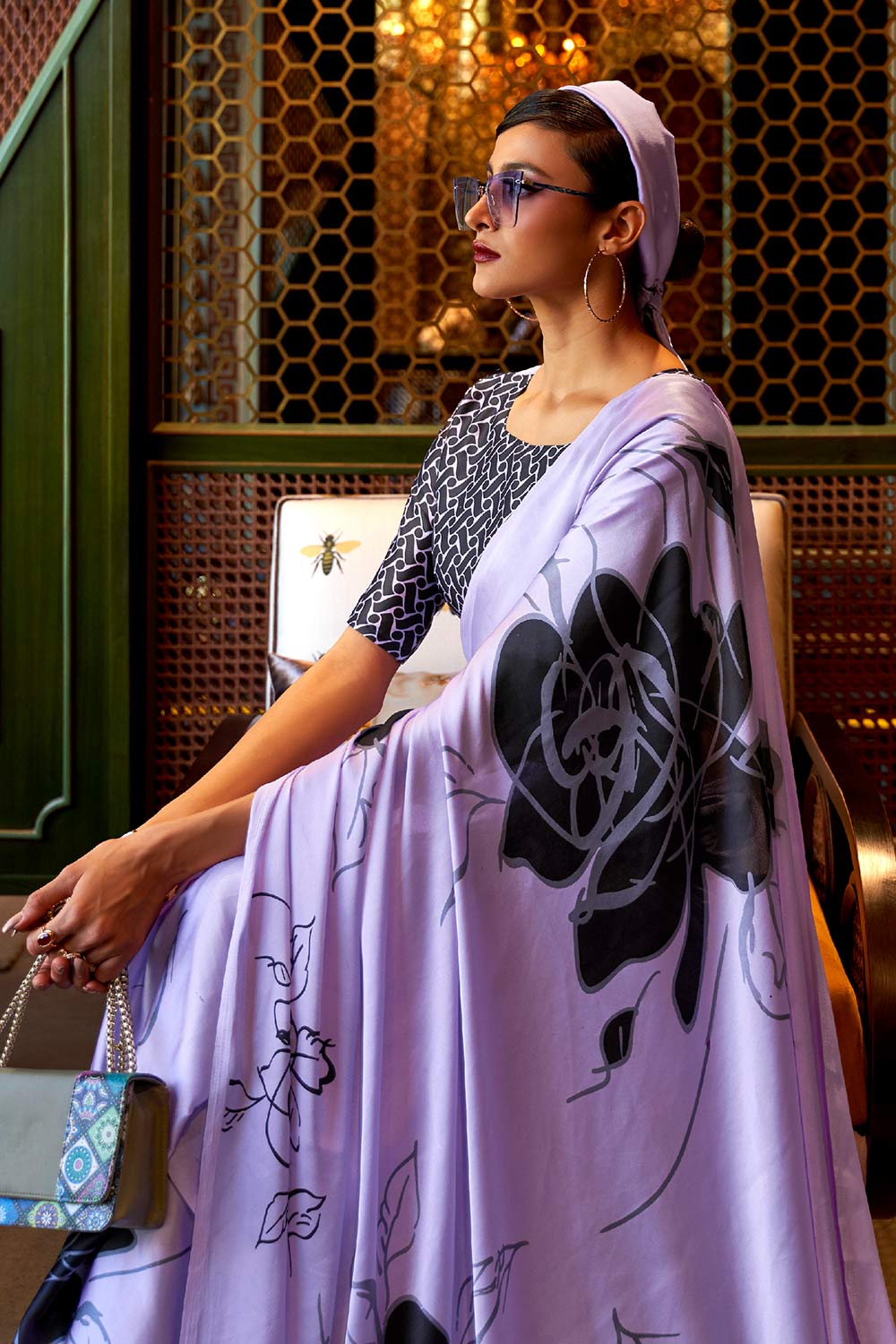 Naia Lavender Satin Printed One Minute Saree