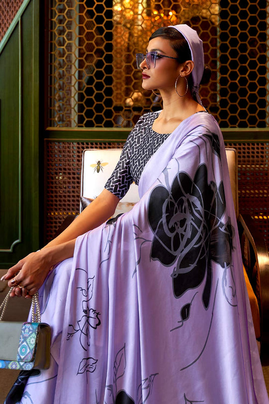 Naia Lavender Satin Printed One Minute Saree