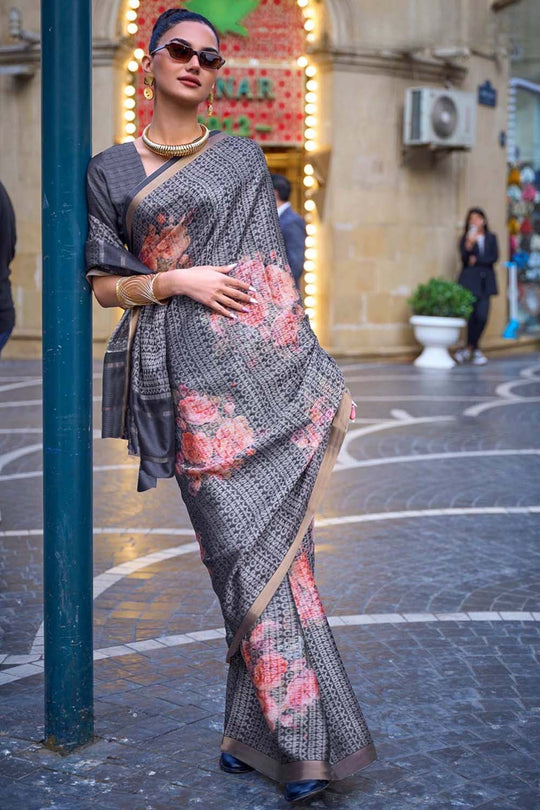 Leana Light Grey Print Viscose Crepe One Minute Saree