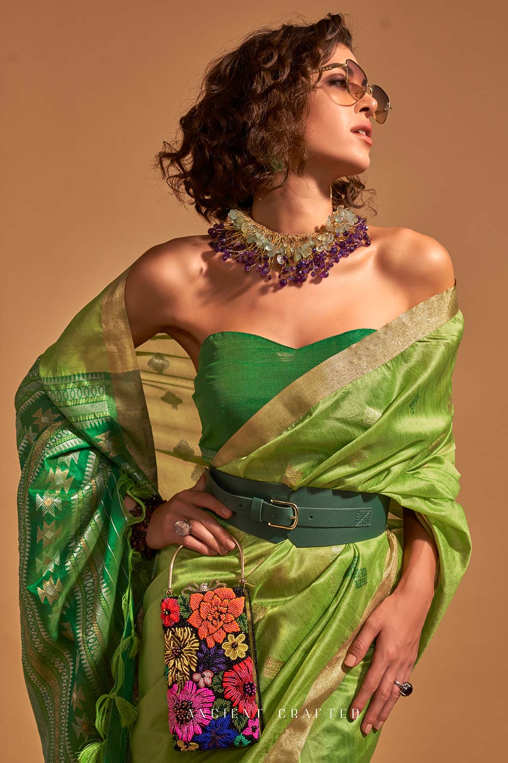 Olivia Green Kanoi Silk Woven Floral One Minute Saree