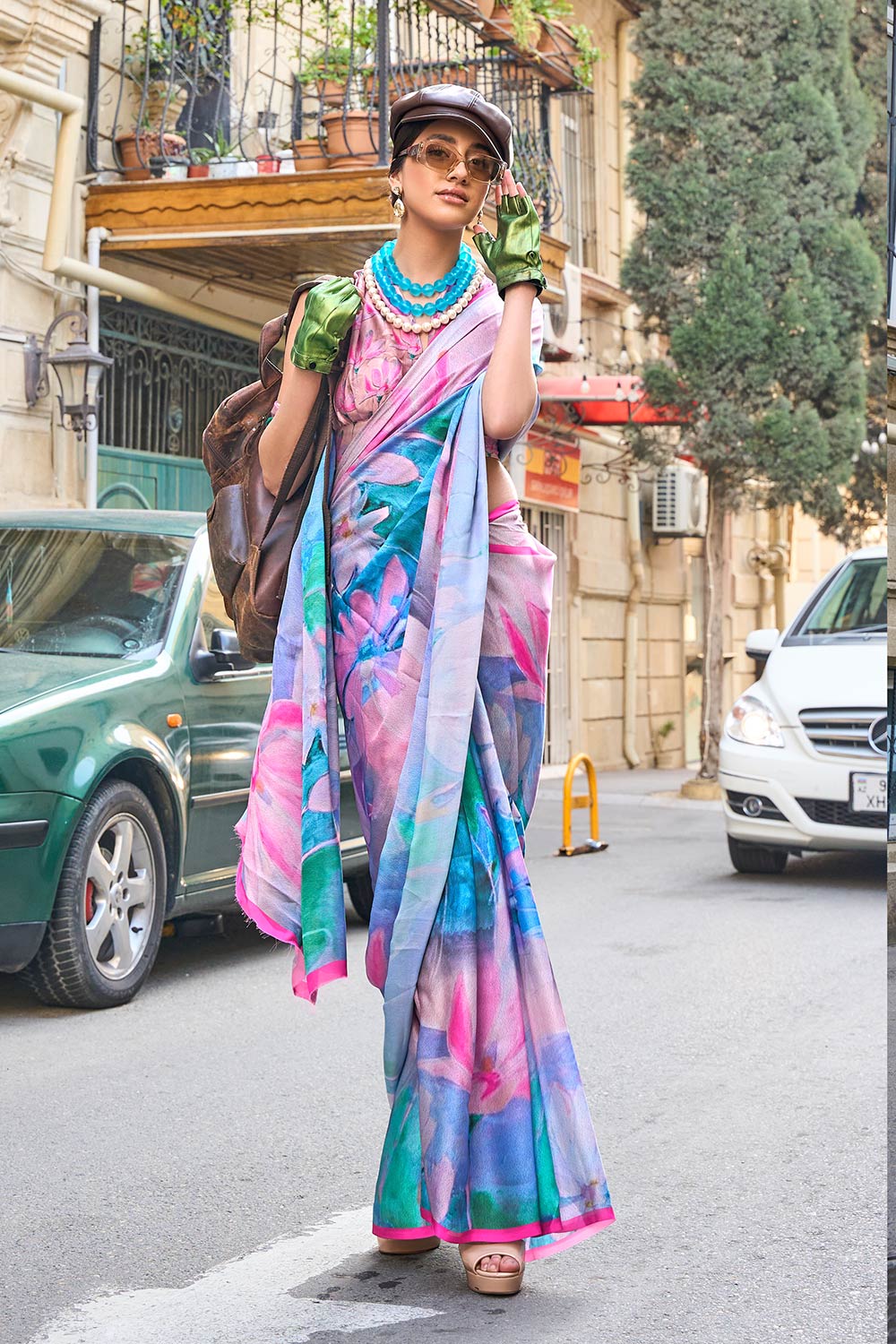 Mona Blue Printed Georgette Satin One Minute Saree