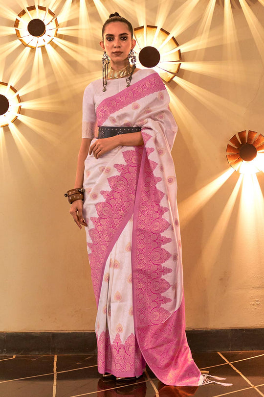 Aline Off-White Art Silk Lace, Foil-Print One Minute Saree