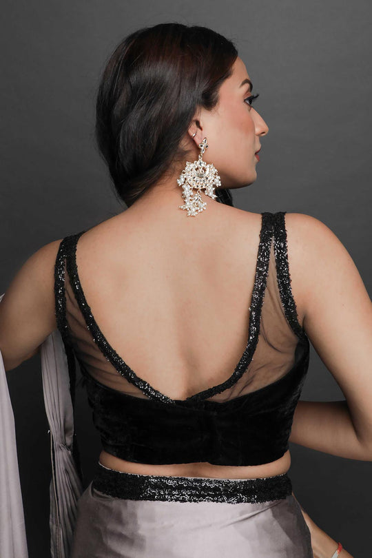 Stella Grey Satin Sequins Ready to Wear One Minute Saree