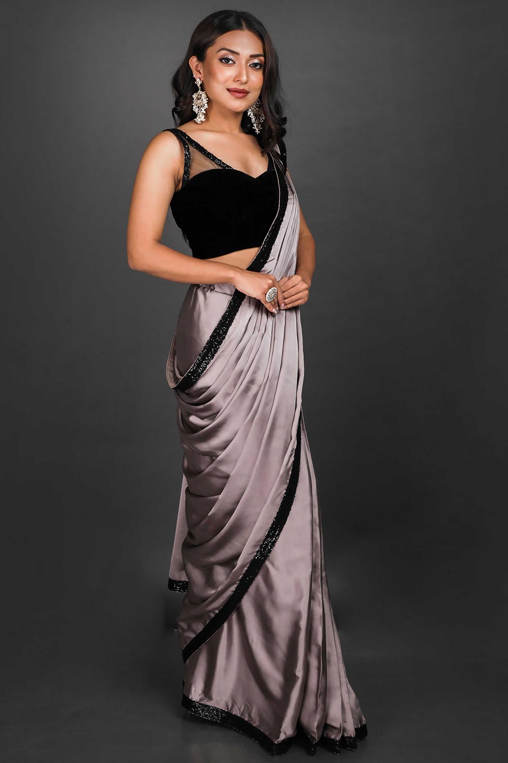 Stella Grey Satin Sequins Ready to Wear One Minute Saree