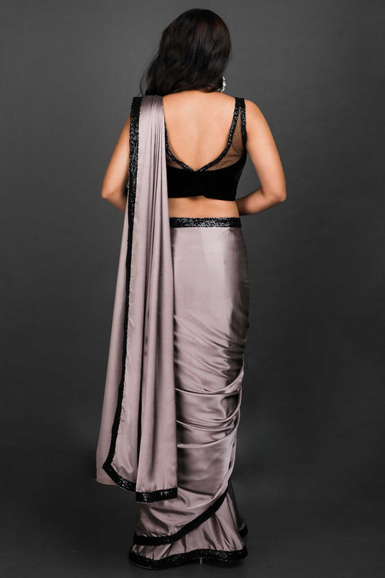 Stella Grey Satin Sequins Ready to Wear One Minute Saree