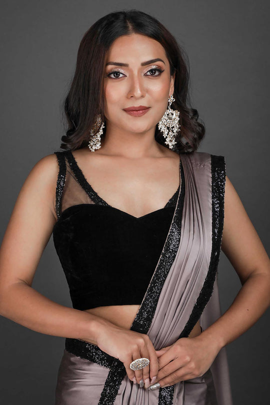 Stella Grey Satin Sequins Ready to Wear One Minute Saree