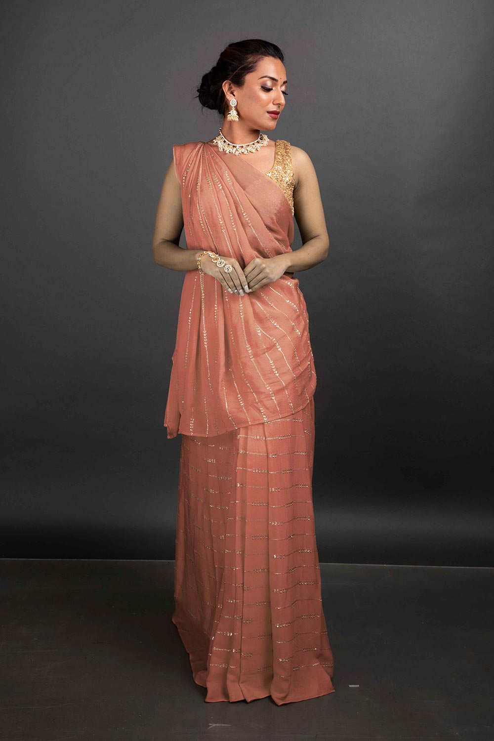 Priya Peach Georgette One Minute Saree