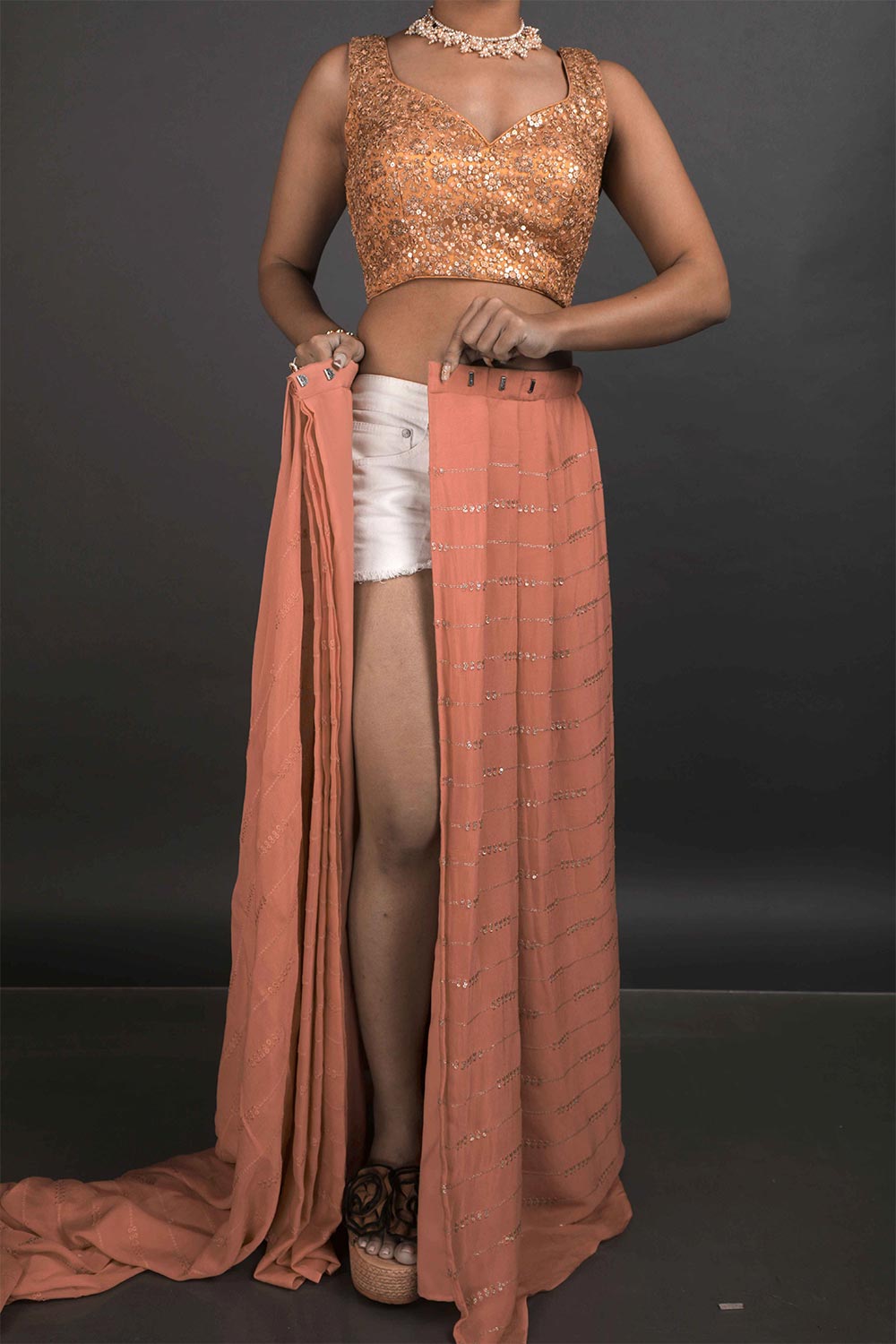 Priya Peach Georgette Foil Print Ready to Wear One Minute Saree