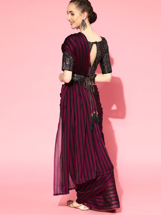 Varya Burgundy Georgette Belted One Minute Saree