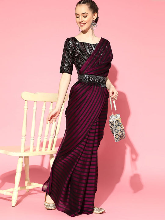 Varya Burgundy Georgette Belted One Minute Saree