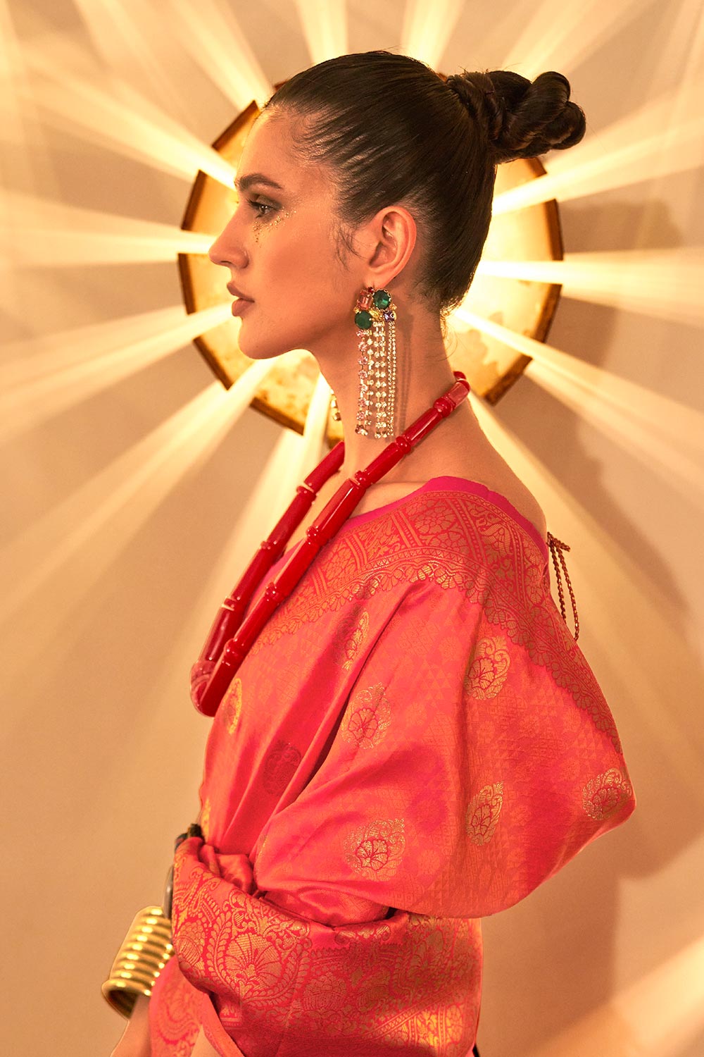 Aline Pink Art Silk Lace, Foil-Print One Minute Saree