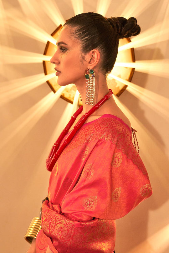 Aline Pink Art Silk Lace, Foil-Print One Minute Saree