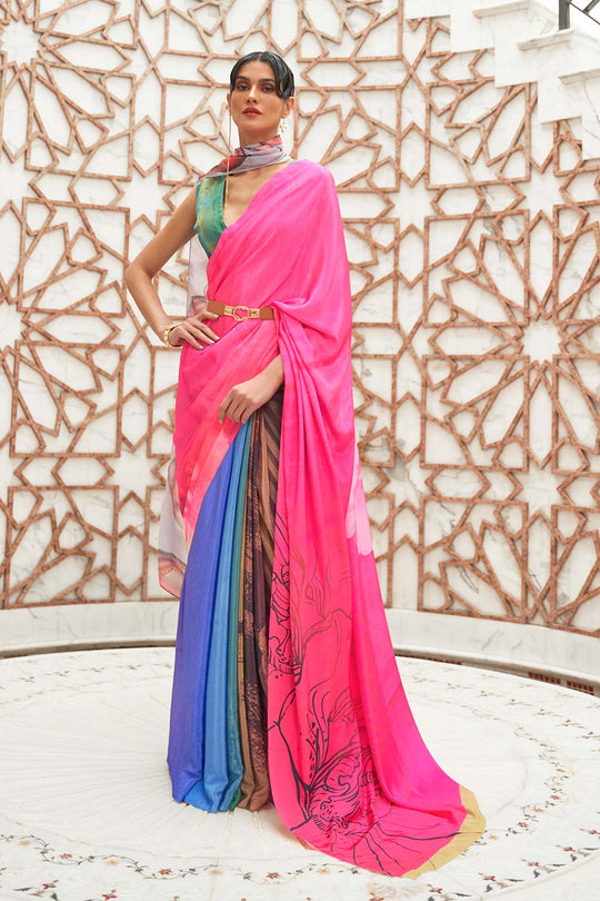 Kari Pink Printed Silk One Minute Saree