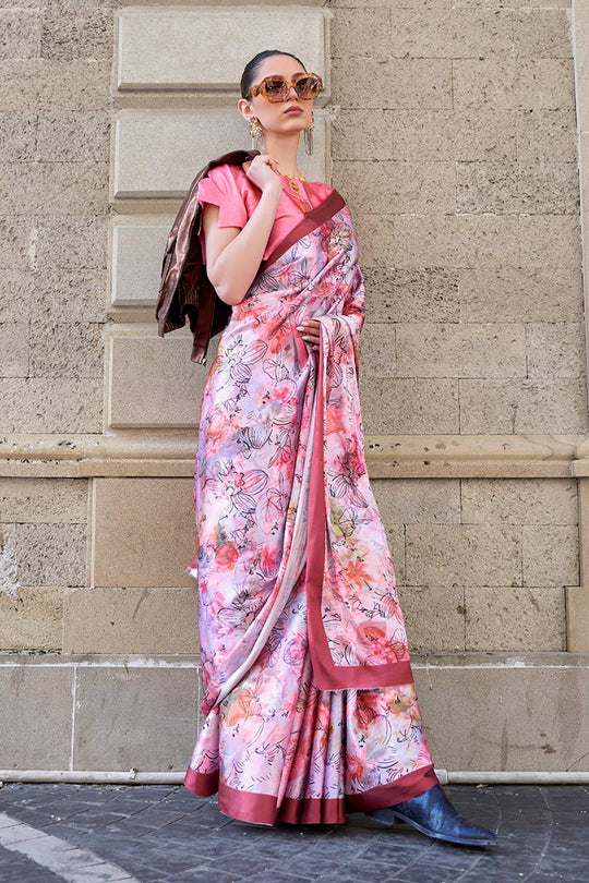 Sage Light Pink Digital Printed Satin One Minute Saree