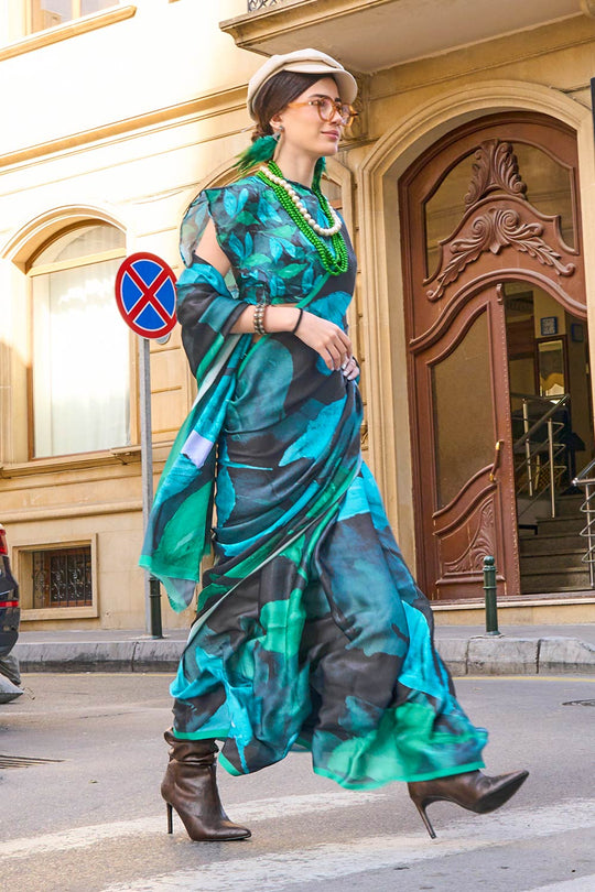 Mona Black Printed Georgette Satin One Minute Saree