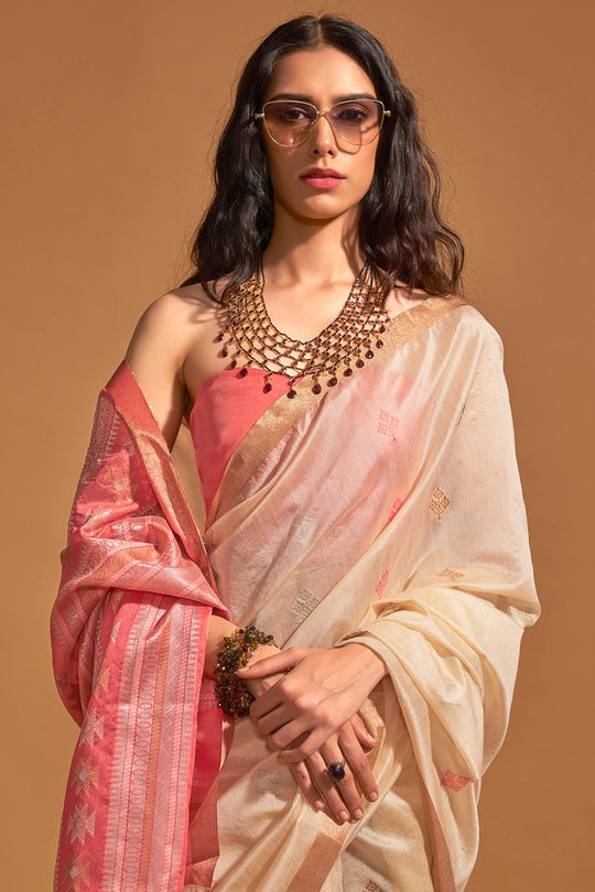 Isha Cream Kanoi Silk Woven Floral One Minute Saree