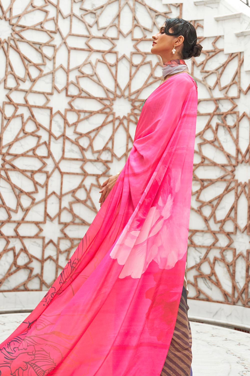 Kari Pink Printed Silk One Minute Saree