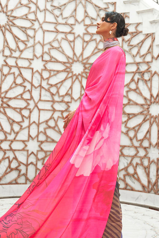 Kari Pink Printed Silk One Minute Saree