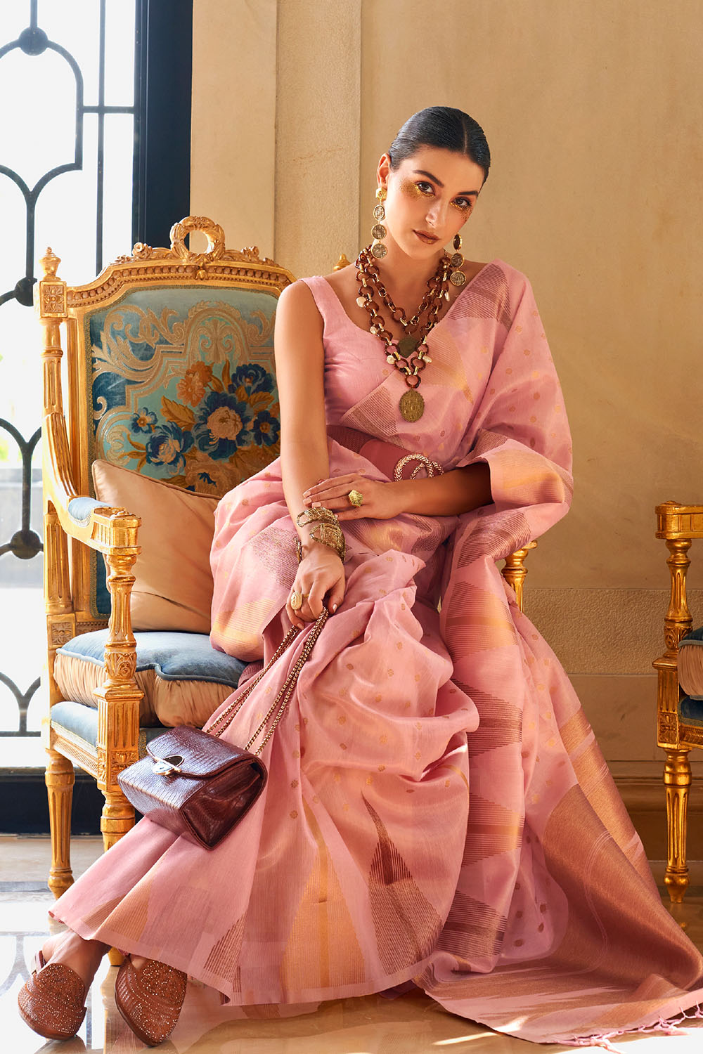 Kiyara Pink Tissue Woven Ready to Wear One Minute Saree