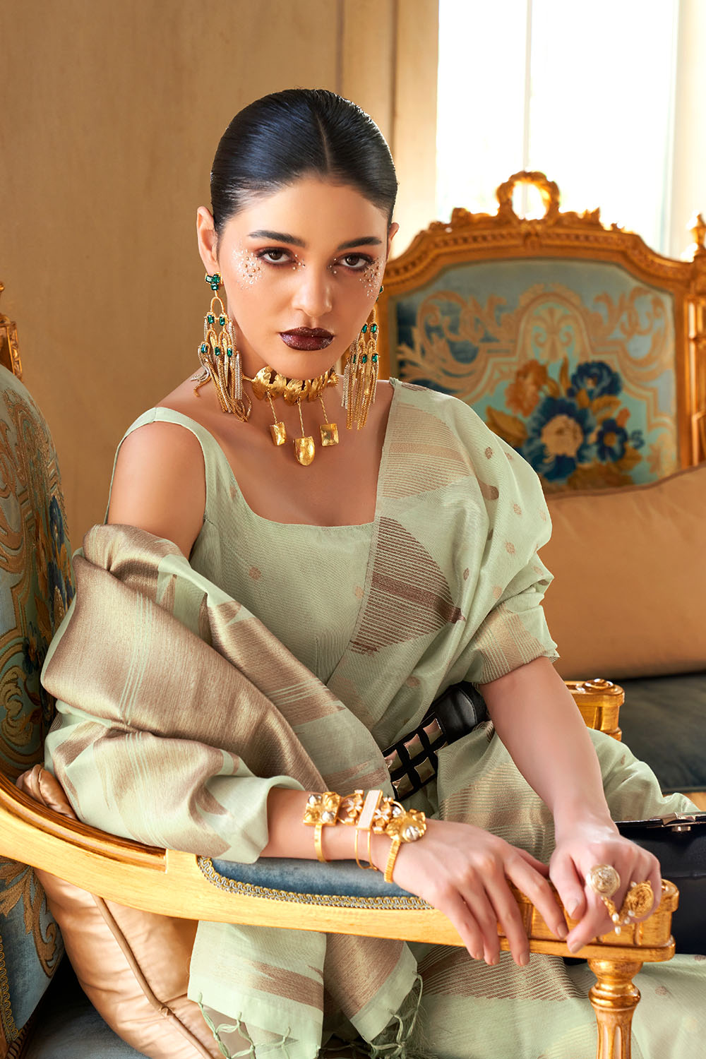 Kiyara Green Tissue Woven Ready to Wear One Minute Saree