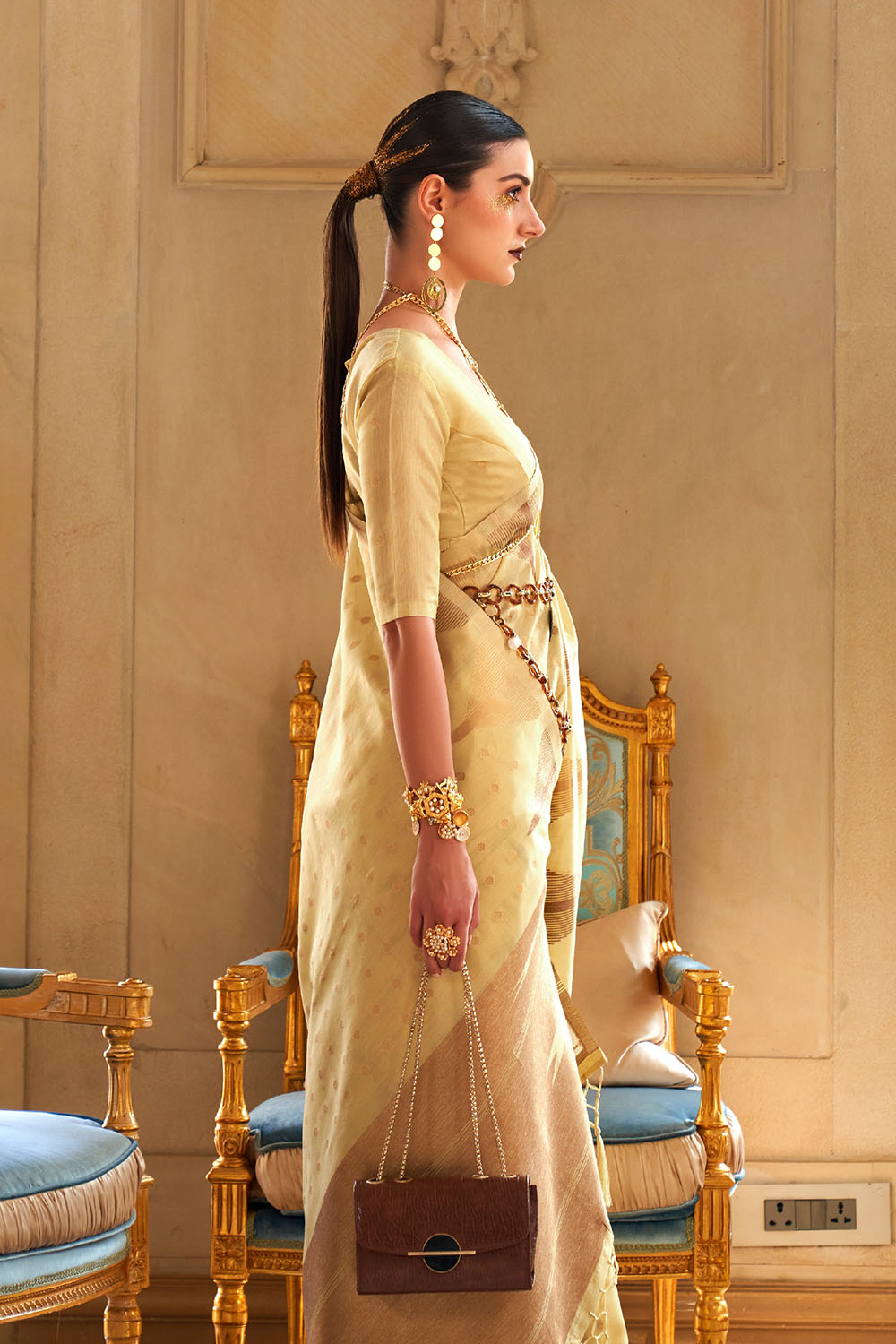 Lena Yellow Tissue Woven Ready to Wear One Minute Saree