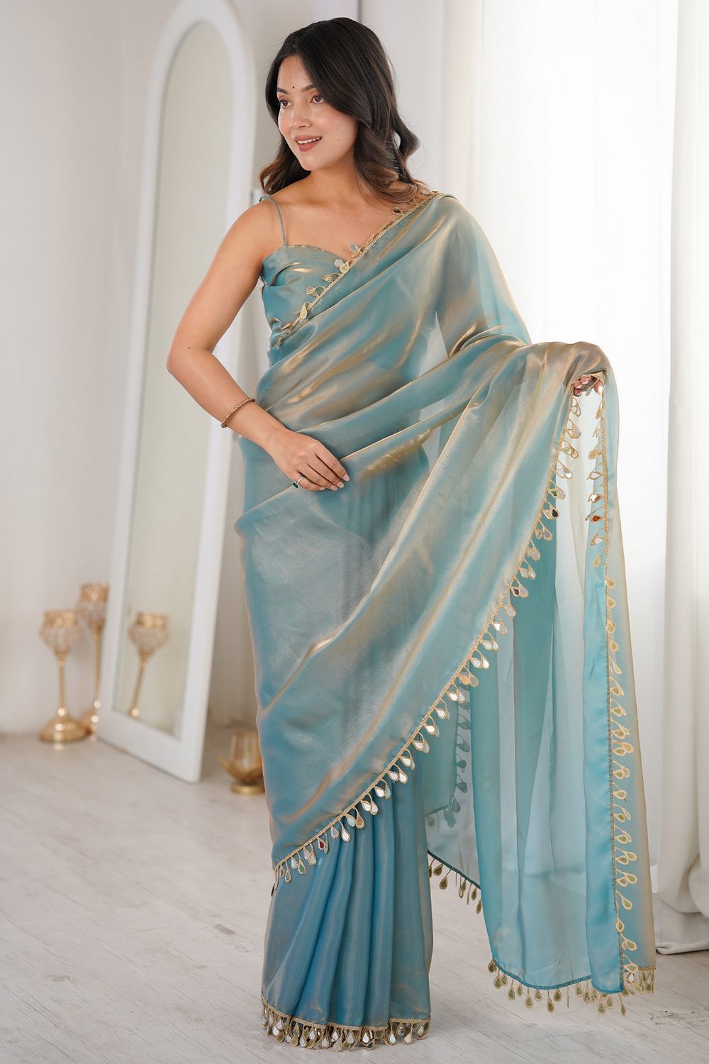 Isa Saree Mall- Powder Blue Satin Designer Lace Border Ready to Wear Saree