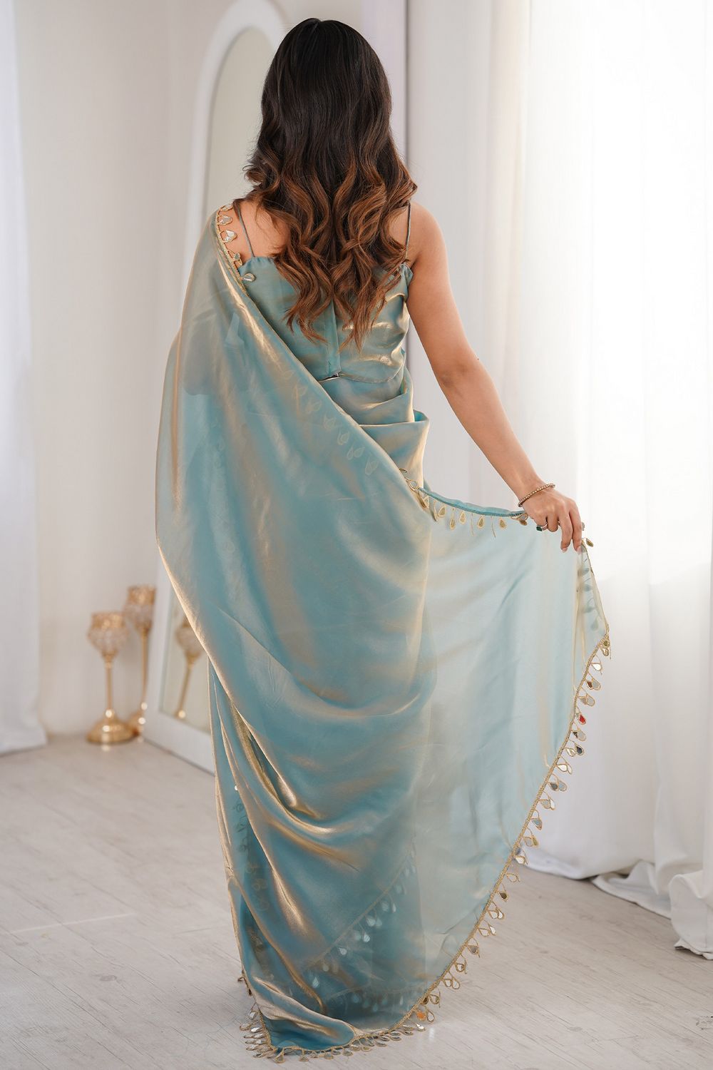 Isa Saree Mall- Powder Blue Satin Designer Lace Border Ready to Wear Saree