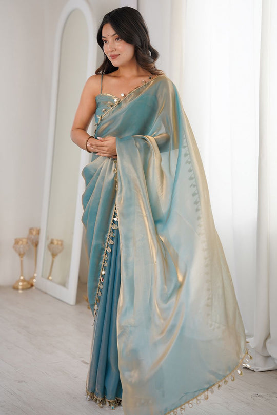 Isa Saree Mall- Powder Blue Satin Designer Lace Border Ready to Wear Saree