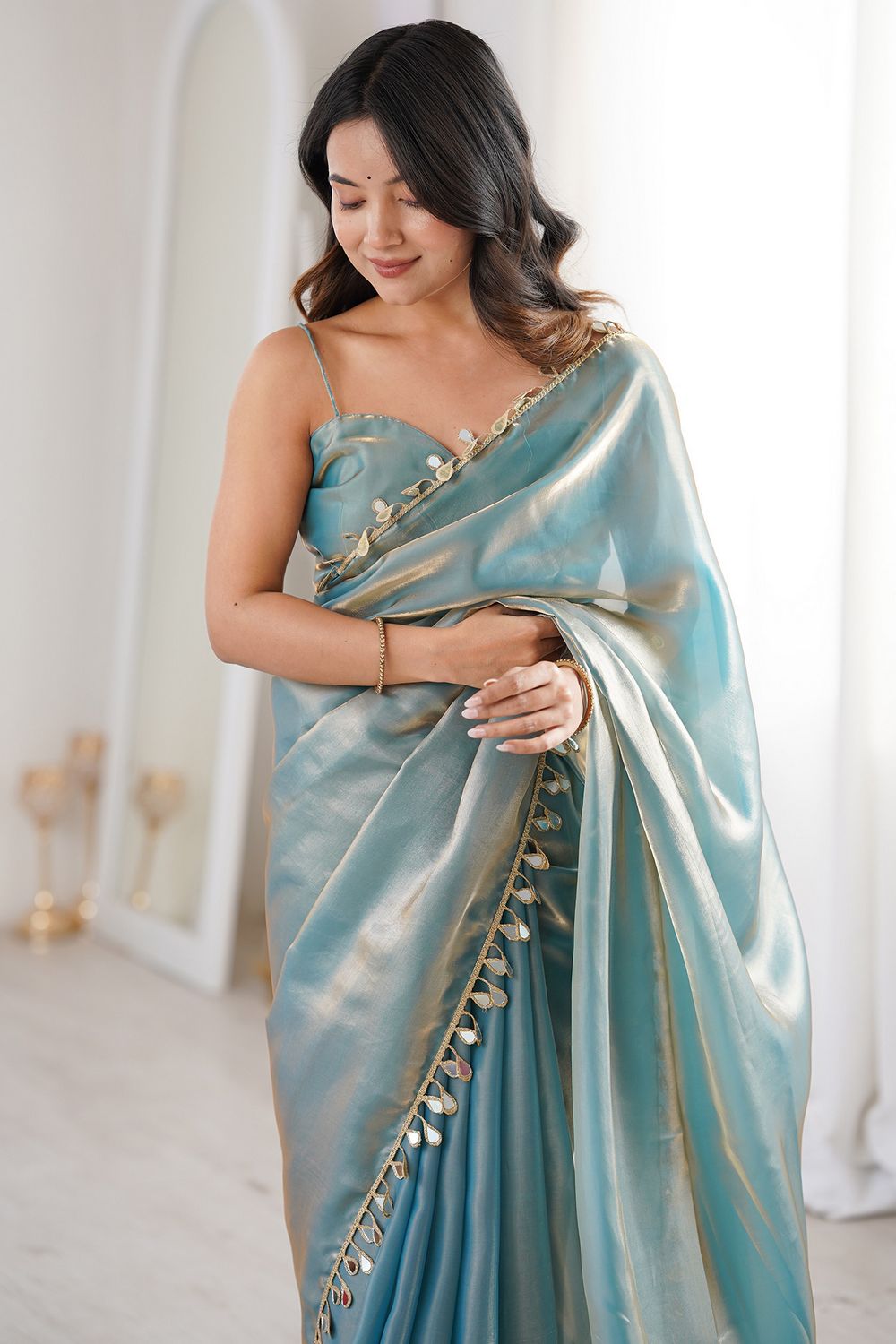 Isa Saree Mall- Powder Blue Satin Designer Lace Border Ready to Wear Saree