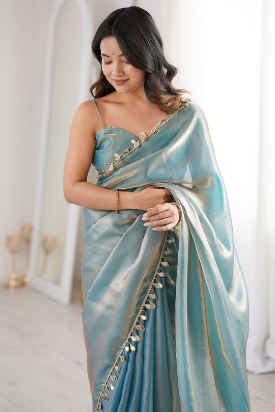 Isa Saree Mall- Powder Blue Satin Designer Lace Border Ready to Wear Saree