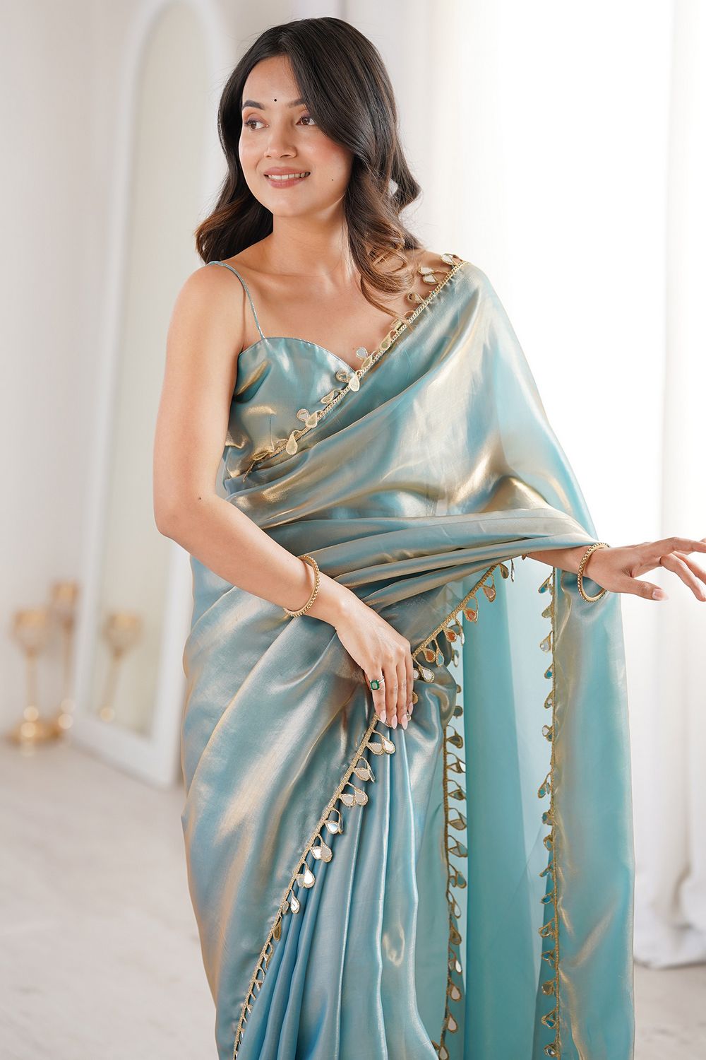 Isa Saree Mall- Powder Blue Satin Designer Lace Border Ready to Wear Saree