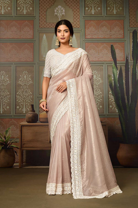 Corina Peach Crush Organza White Embroidered Ready to Wear Saree