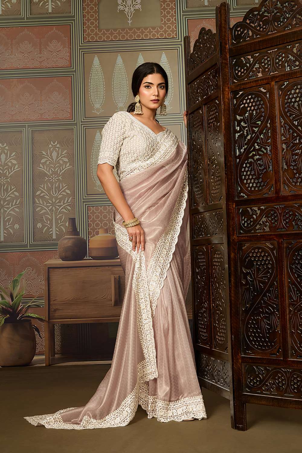 Corina Peach Crush Organza White Embroidered Ready to Wear Saree