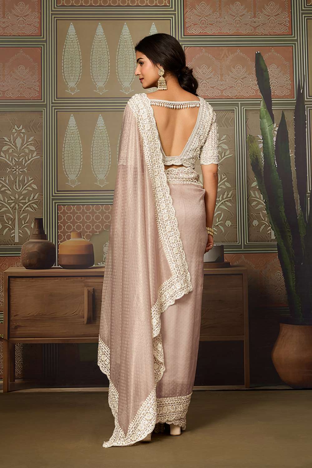 Corina Peach Crush Organza White Embroidered Ready to Wear Saree