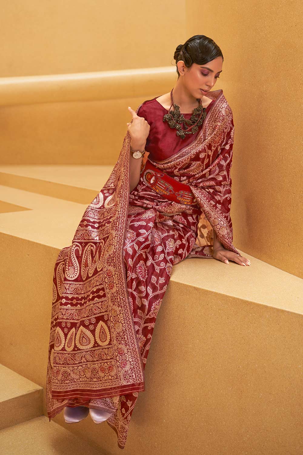 Ruhi Red Cotton Chikankari One Minute Saree