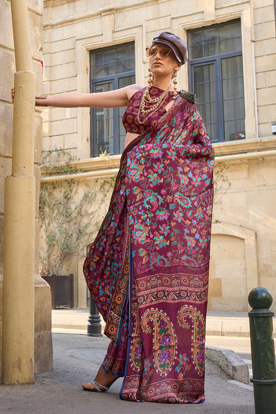 Mona Dark Maroon Printed Georgette Satin One Minute Saree
