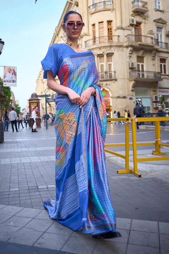 Leana Blue Print Viscose Crepe One Minute Saree