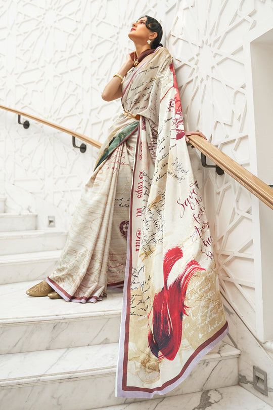 Kari Cream Printed Silk One Minute Saree