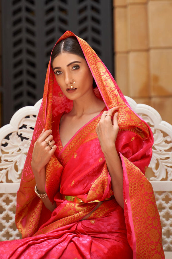 Adina Pink Silk Embroidered Lace One Minute Saree