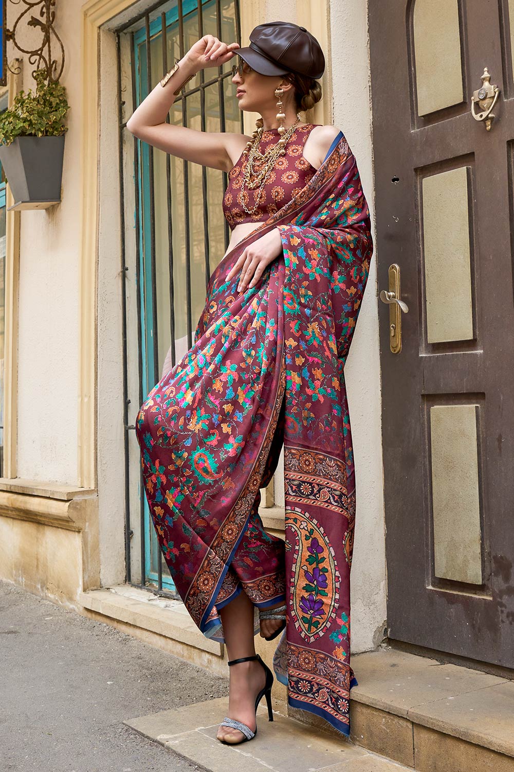 Mona Dark Maroon Printed Georgette Satin One Minute Saree