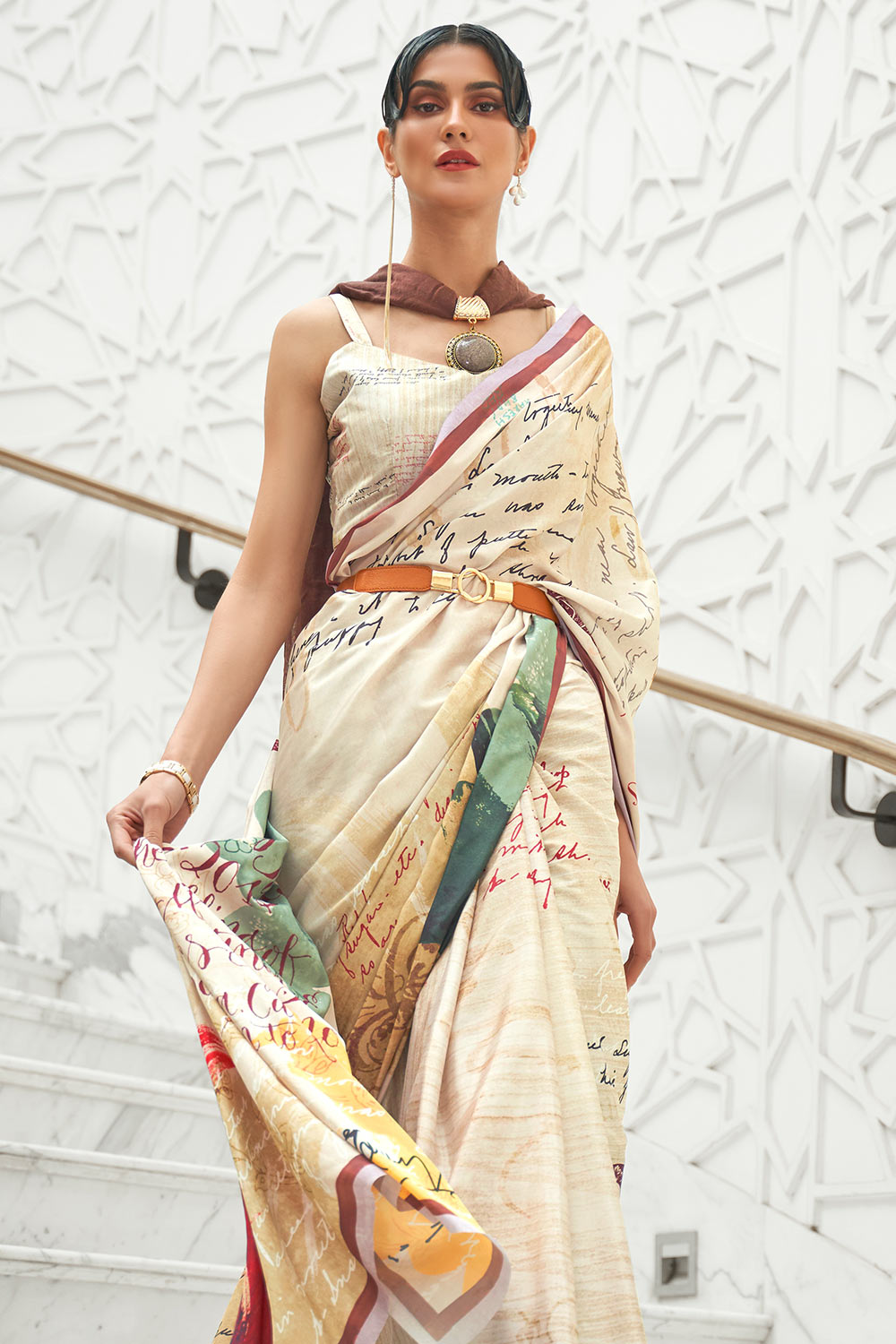 Kari Cream Printed Silk One Minute Saree