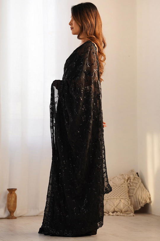 Daniella Black Georgette Embellished Ready to Wear One Minute Saree