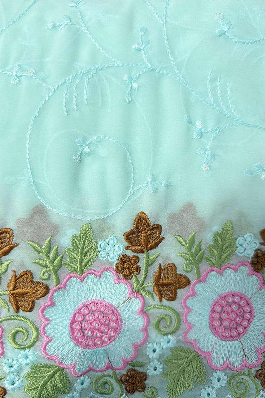 Lori Turquoise Georgette Floral Embellished Border Ready to Wear Saree