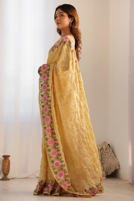 Tania Yellow Georgette Embellished Ready to Wear One Minute Saree